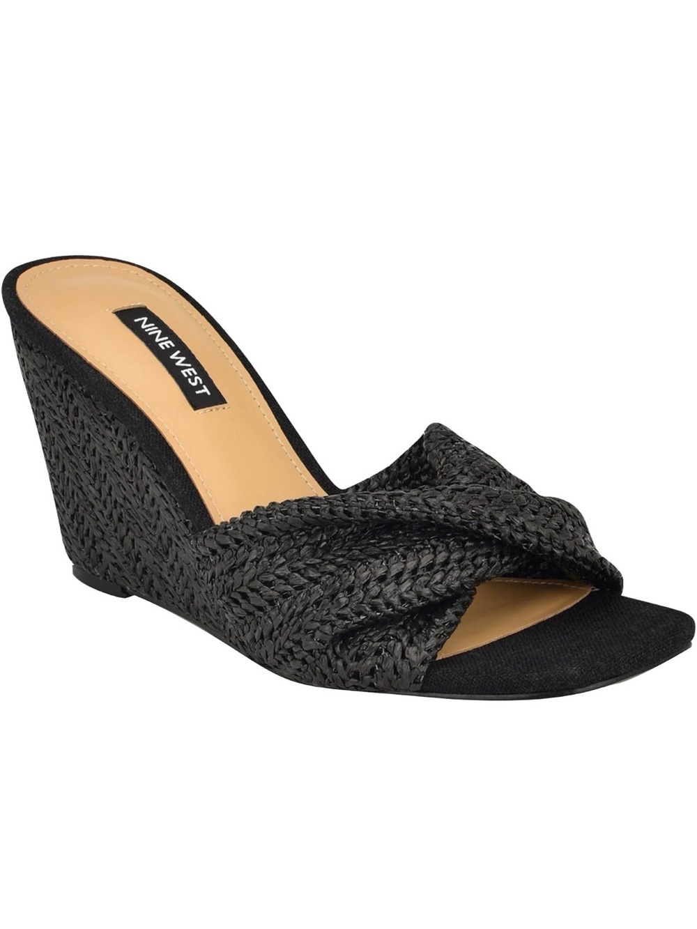 Nine West Nikhil Black Woven Wedge Slide Square Toe Sandal